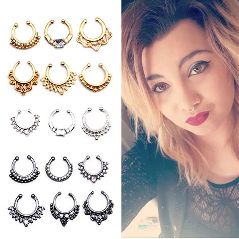 Crystal Fake Nose Ring Black Color Round Septum Piercing Clicker Faux Clip Non Body Hoop For
