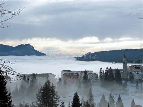 Mountain Village Surrounded By Dense Fog Stock Image Image Of Hill