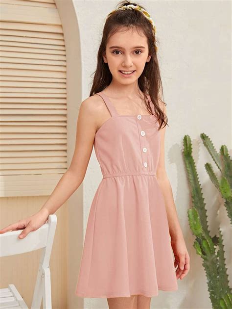 Shein Girls Button Front Cami Dress In 2020 Girls Graduation Dresses