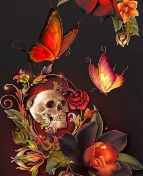 Skull Flower And Butterflies
