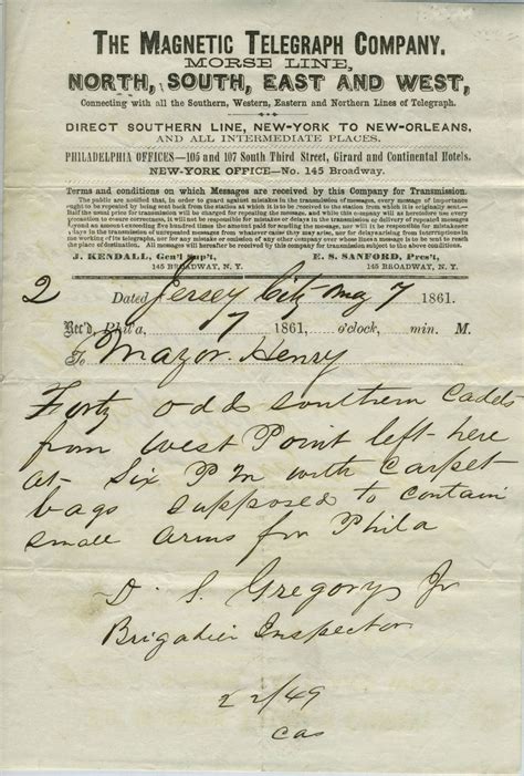 1861 Telegram From Ds Gregory Jr Brigadier Inspector At West Point