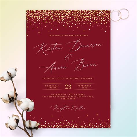 sparkling gold burgundy wedding invitation template  maker