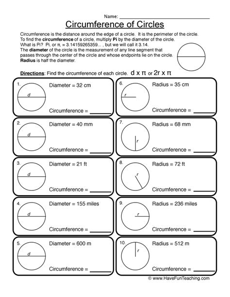 Radius Diameter Circumference Worksheet