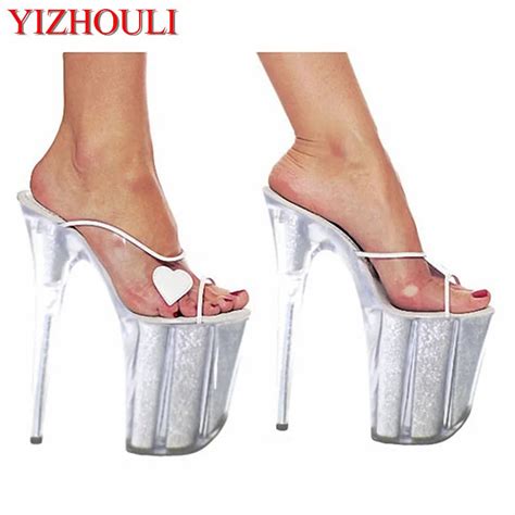 20cm Womens Ultra High Heel Shoes Queen Crystal Platform Shoes Heart Shaped Party Slippers Sexy