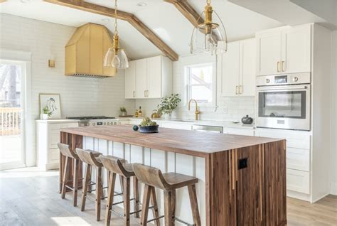 White Kitchen With Wood Beam Ceiling Shelly Lighting