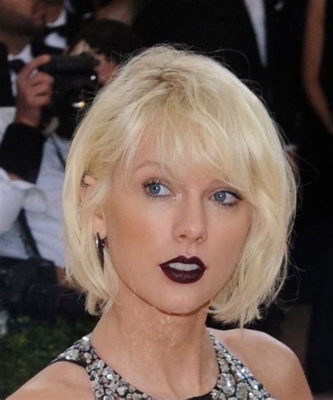 view and try on this taylor swift short straight formal bob hairstyle light blonde platinum