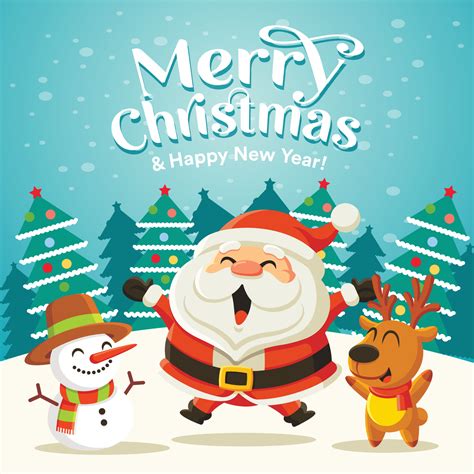 merry christmas greeting card with cartoon santa claus reindeer and snowman in snow and