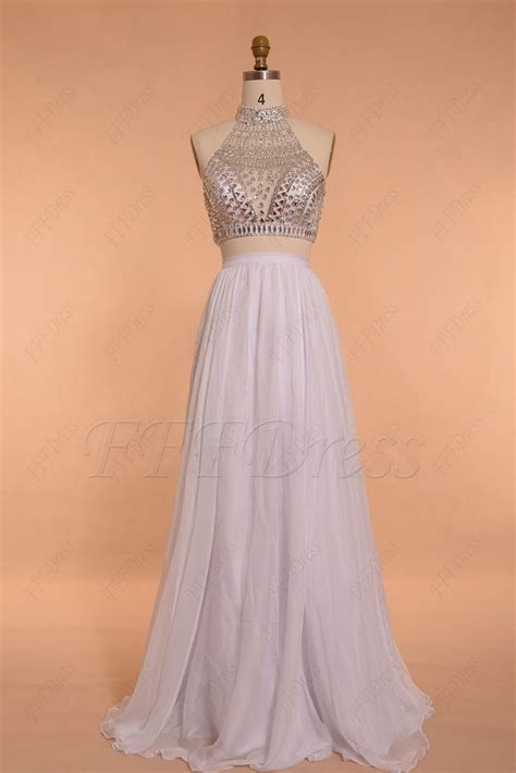 White Crystals Beaded Two Piece Prom Dresses Long Fffdress