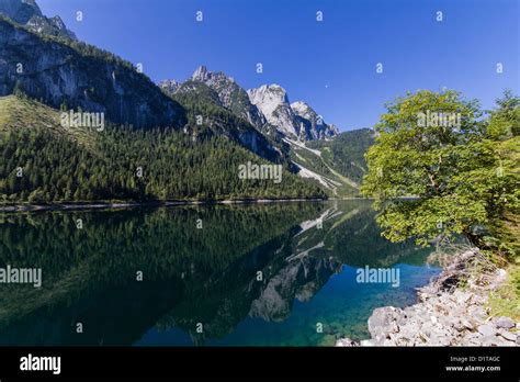 Mountain Reflection At Lake Gosau Salzkammergut Austria Stock Photo