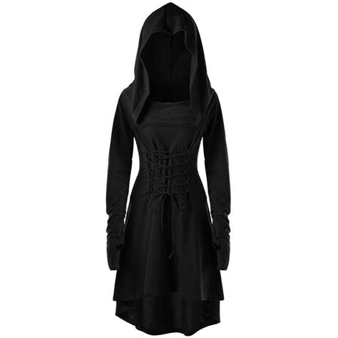 Black Xxl Women Roleplay Gothic Medieval Hooded Lace Up Midi Dress Party Costume Cosplay