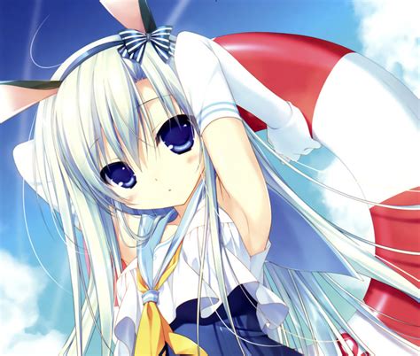 410823 Blue Eyes Bunny Ears Anime Girls Clouds Artwork Gloves White Hair Anime Bunny