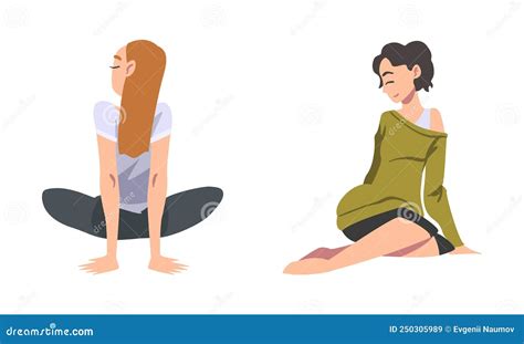 Woman With Bended Knees Sitting On The Floor Feeling Calm Vector Set Stock Vector Illustration