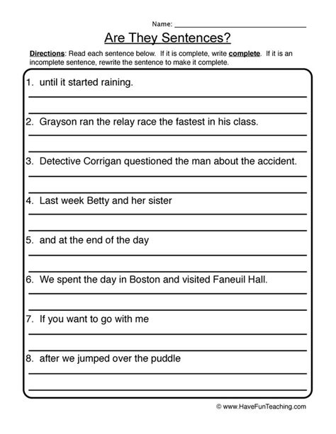 Writing Complete Sentences Worksheets