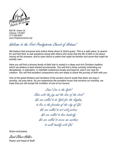 Welcome Letter First Presbyterian Urbana