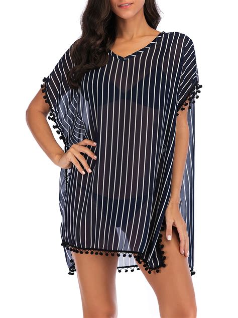 Womens Plus Size Stripe Chiffon Cover Up Tassel Swimsuit Beach Bikini