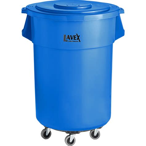 Lavex Janitorial 55 Gallon Blue Round Commercial Trash Can With Lid And