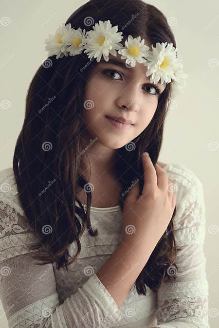 Portrait Young Girl With Flowers In Hair Stock Image Image Of Happy
