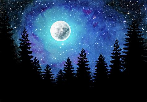 Starry Night Sky With Full Moon Digital Art By Arjun C Mohan