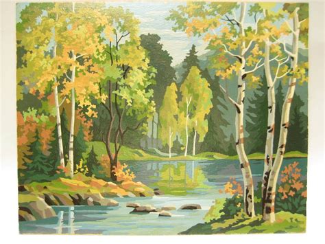 Vintage Paint By Number Pbn Landscape Woodland Stream Large 20 X 16