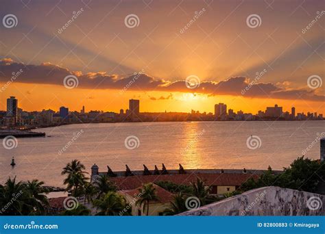 Beautiful Sunset In Havana With The Sun Setting Over The Seaside