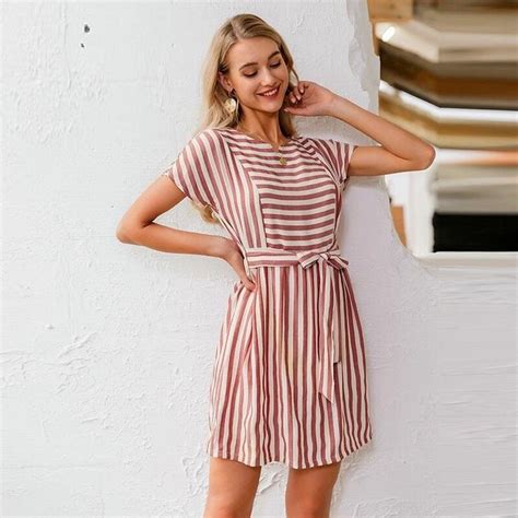 Striped Casual Buttons Strap Short Sleeve Summer Ladies O Neck A Line Holiday Dress Habillée