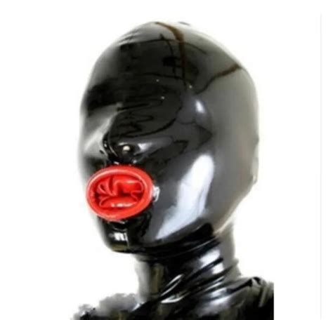 Latex Rubber Hood Mouth With Inner Red Condom Sm Asphyxia Mask With Zipper