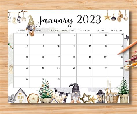 Editable January 2023 Calendar Beautiful Winter With Cute Gnomes