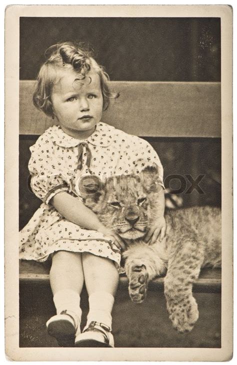 Old Photo Portrait From Little Girl With Tiger Baby Vintage Picture Ca