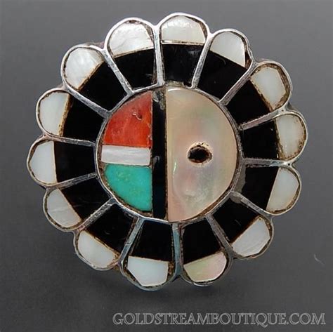 Native American Zuni Turquoise Coral Mother Of Pearl Jet Inlay Sun Face