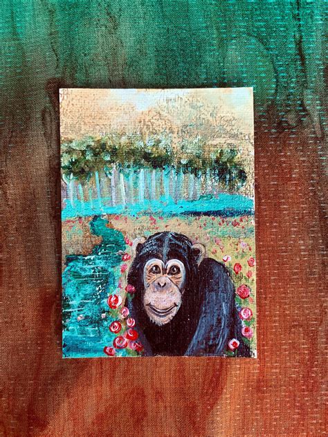 Aceo Art Trading Card Floral Chimpanzee Painting Oak Original Miniature