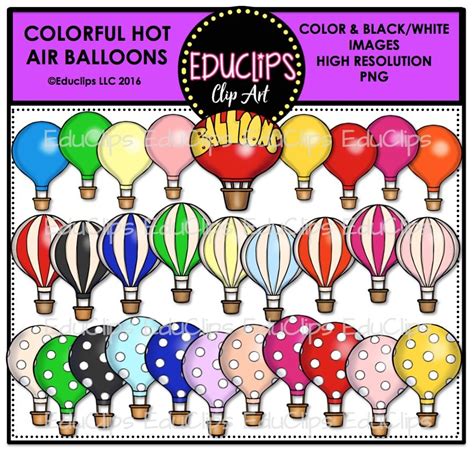 Colorful Hot Air Balloons Clip Art Bundle Color And Bandw