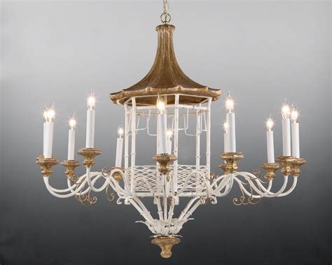Metal And Wood Pagoda Design Chandelier Shown In Standard Distressed