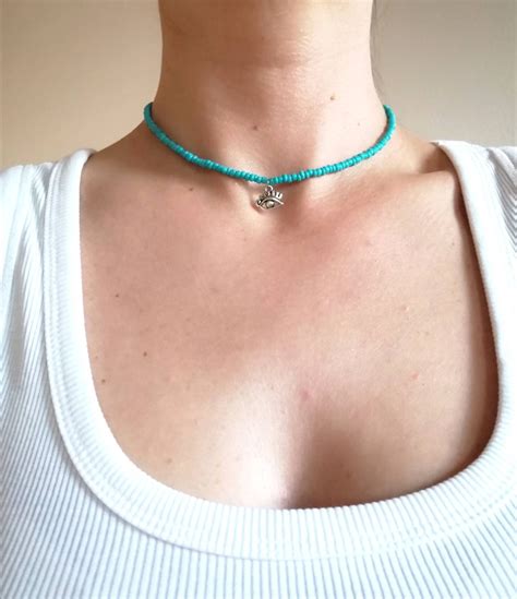 Turquoise Choker Necklace With Eye Charm Tiny Bead Choker Gift For Woman