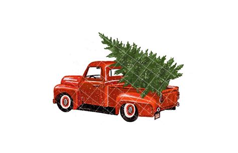 Christmas Truck Clipart Vintage Red Christmas Tree Pickup Etsy