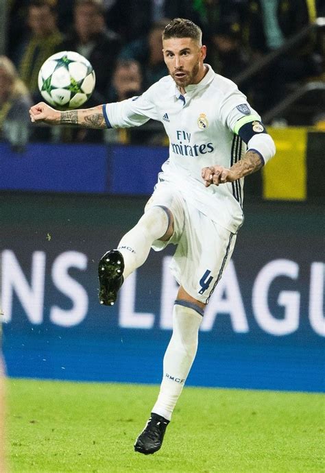 Real Madrids Defender Sergio Ramos Controls The Ball During The Uefa
