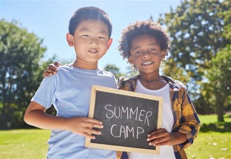 Summer Camp Portrait Or Boys Hugging In Park Together For Fun Bonding