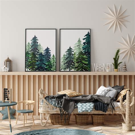 Pine Tree Art Forest Wall Art Set Of Nursery Prints Etsy