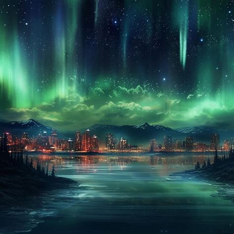 Premium Ai Image Aurora Bore Over A City At Night With A Lake And