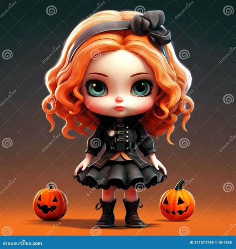 Cute And Adorable Redhead Doll In A Witch Costume With A Pumpkin Trick Or Treat Stock