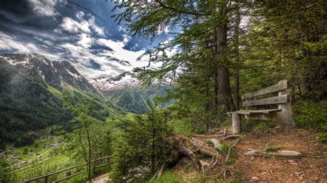 Wallpaper 2500x1405 Px Alps Bench Forest Landscape Mountain