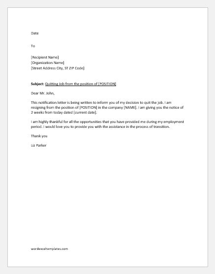 Notification Letter To Quit Job Word And Excel Templates