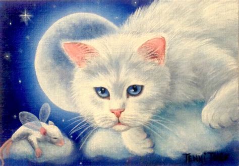 Aceo Original Cat Mouse Moon Stars Painting Signed 2000 Now Stars