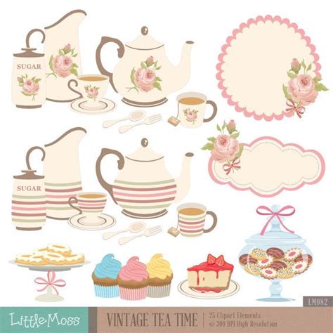 Vintage Tea Time Clipart Set With Cupcakes Cakes And Other Items For