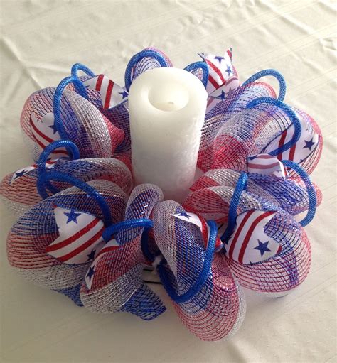 Mesh Table Centerpiece Candle Holder Red White Blue With Ribbons And
