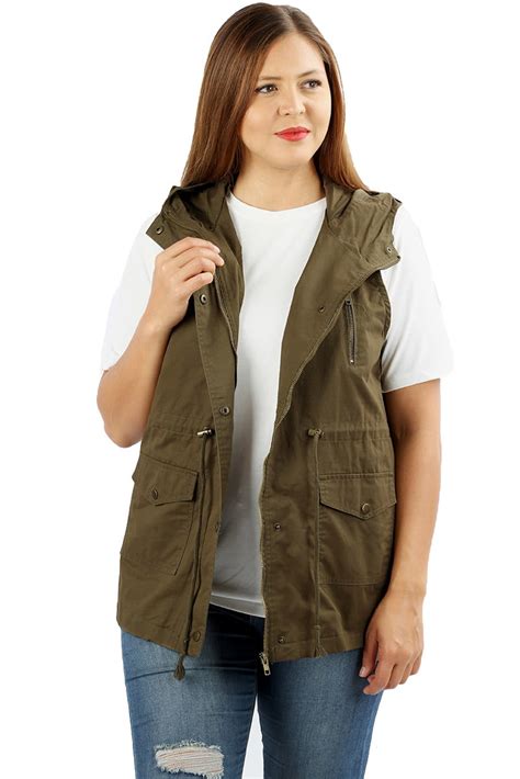 Jed Fashion Womens Plus Size Cotton Safari Hooded Vest