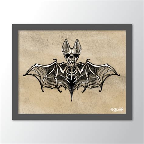 Skeleton Bat Art Print Tattoo Art Illustration Sketch Etsy