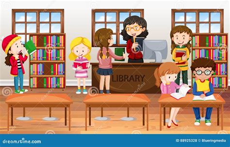 Children Reading Books In Library Stock Vector Illustration Of Young