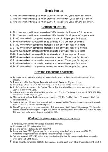 Worksheet To Practise Simple And Compound Interest And Reverse