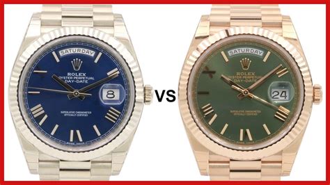 14kt rose gold means the gold that is used is 58.3% pure and the ring will be durable due to the amount of 'other' metals included. Rolex Day-Date 40: White-Gold, blue vs Rose-Gold, green, fluted bezel, President - COMPARISON ...