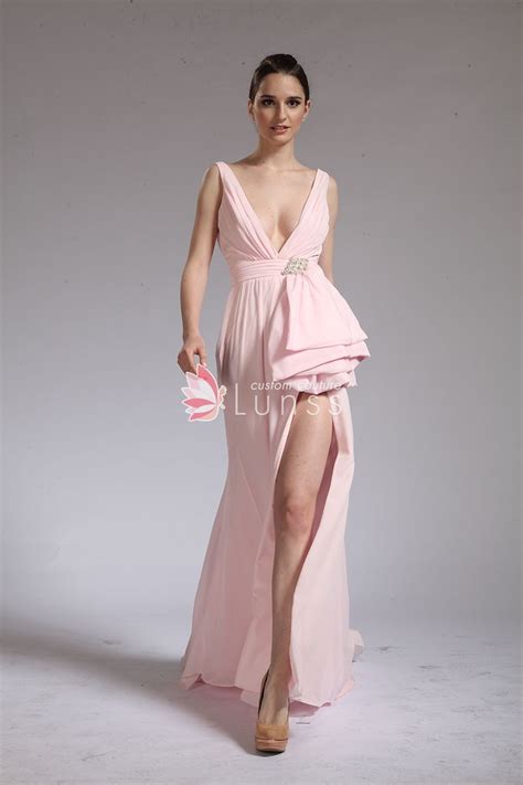 Sexy Plunging V Light Pink Slit Chiffon Prom Dress Lunss